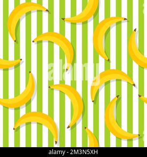 Modello a banana. Ripetere il motivo a banana sulle strisce verdi. Sfondo di banane gialle. Stampa banana. Palme gialle frutta. Illustrazione vettoriale Illustrazione Vettoriale