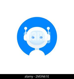 Icona del robot in cerchio. Design dei segni di chatbot. Bot del servizio di supporto vocale. Bot di supporto online. Illustrazione moderna del carattere del cartone animato di stile piatto Illustrazione Vettoriale