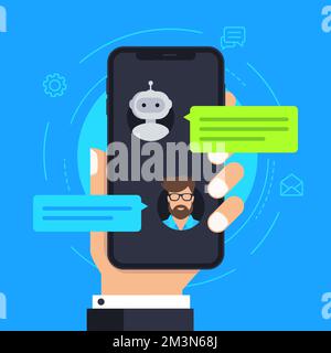 Concetto di chatbot. Bot che chiacchiera con l'uomo al telefono. Conversazione online con SMS. Tenere in mano lo smartphone con l'applicazione chat bot Illustrazione Vettoriale
