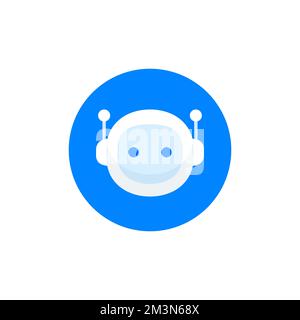 Icona della testa del robot in cerchio. Design dei segni di chatbot. Bot del servizio di supporto vocale. Bot di supporto online. Illustrazione moderna del carattere del cartone animato di stile piatto Illustrazione Vettoriale