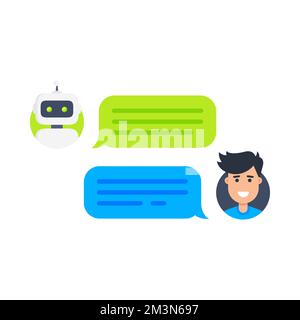 Concetto di chatbot. Uomo che chiacchiera con un simpatico robot sorridente. Dialogo con bot. Vector piano stile moderno cartone animato servizio clienti concetto di illustrazione Illustrazione Vettoriale