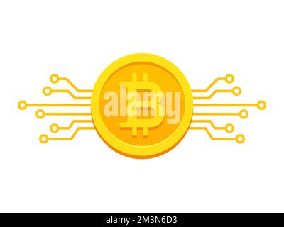 Icona di moneta digitale Bitcoin con elementi di circuito stampato. Illustrazione vettoriale in stile piatto isolata su bianco Illustrazione Vettoriale