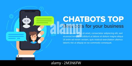Design flat banner vettoriale chatbot. Modello di banner aziendale orizzontale con illustrazione di un uomo che chiacchiera con chat bot in smartphone. Banner vettoriale Illustrazione Vettoriale