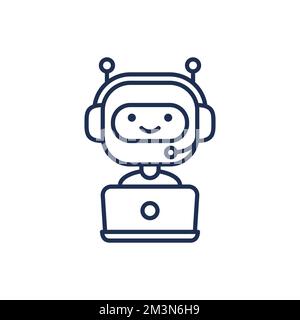Icona contorno chatbot. Robot carino che lavora in cuffie dietro il computer portatile. Design moderno dei bot. Robot sorridente del servizio clienti. Vettore stile linea piatta Illustrazione Vettoriale