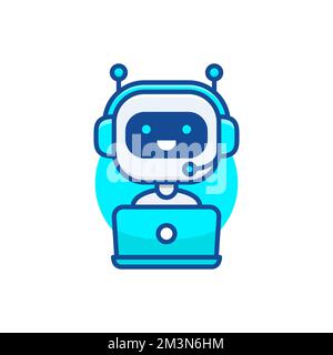 Icona di chatbot. Robot carino che lavora dietro il computer portatile. Design moderno dei bot. Robot sorridente del servizio clienti. Illustrazione del vettore stile linea piatta Illustrazione Vettoriale