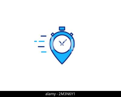 Concetto di logo di consegna rapida. Concetto di marcatore a punti con logo timer. Design del logo con consegna rapida. Illustrazione della linea piatta vettoriale Illustrazione Vettoriale