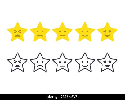 Feedback stelle emoticon. Il gruppo delle stelle del sondaggio è sorridente. Valutazione dell'esperienza del cliente. Stelle del sistema di classificazione. Livello di soddisfazione. Icone vettoriali Illustrazione Vettoriale