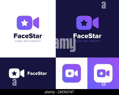 Concetto del logo dell'app FaceStar. Design icona stella video. Simbolo della stella del cinema. Illustrazione vettoriale Illustrazione Vettoriale
