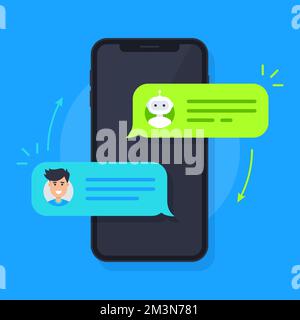 Concetto di chatbot. Messaggistica con illustrazione chatbot. Uomo che chiacchiera con chat bot su smartphone. SMS bolle sullo schermo del telefono cellulare con robot e uomo Illustrazione Vettoriale