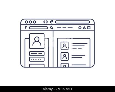 Finestra del browser Internet con pagina web aperta sui social network in stile flat line. Oggetto vettoriale isolato su sfondo bianco Illustrazione Vettoriale
