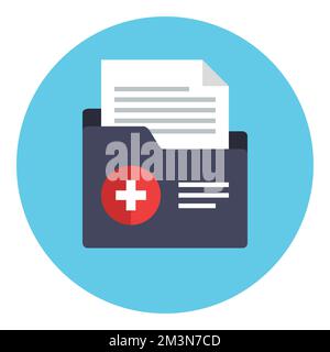 Cartella medica con il file della cronologia del paziente. Icona file paziente. Simbolo referto medico. Analisi, diagnosi o informazioni sui segni di prescrizione. Registrazione clinica Illustrazione Vettoriale