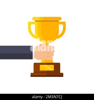 Premio del vincitore in mano. Tazza di tenuta per mano maschio. Concetto di vittoria aziendale. Coppa trofeo oro su sfondo blu. Illustrazione del vettore dei premi Illustrazione Vettoriale