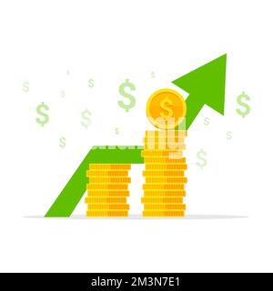 Concetto di aumento del reddito. Pila di monete d'oro come grafico del reddito. Crescita di denaro con freccia e dollari. Concetto di crescita della produttività degli investimenti. Vettore Illustrazione Vettoriale