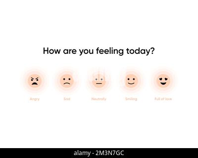 Icone di feedback emotivo. Elemento vettore app caseario per le emozioni quotidiane. Controlla il tuo stato emotivo oggi stesso. Concetto di feedback dei clienti. Scala emotiva da arrabbiato Illustrazione Vettoriale