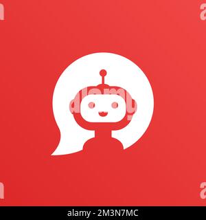 Robot in bolla vocale bianca su sfondo rosso. Icona del robot carino nella bolla vocale. Bot del servizio di supporto. Illustrazione vettoriale Illustrazione Vettoriale