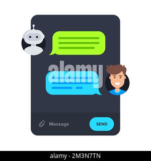 Concetto di chatbot. Disegno vettoriale del messaggero del cartone animato. Uomo che chiacchiera con il robot nell'app Messenger. Illustrazione vettoriale in stile piatto Illustrazione Vettoriale