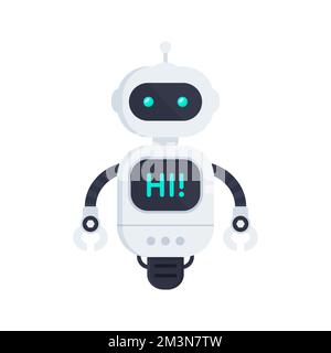 Robot su bianco. Icona chatbot. Bot dire ciao sullo schermo. Bot chat servizio assistenza clienti. Illustrazione vettoriale piatta Illustrazione Vettoriale