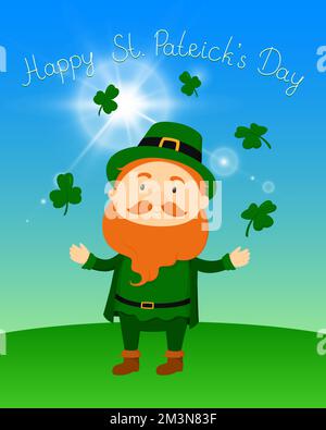 St Poster del giorno di Patrick. Leprechaun e shamrock. Illustrazione vettoriale. Illustrazione Vettoriale