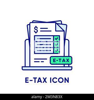 Icona e-tax. Informazioni sull'icona della dichiarazione dei redditi elettronica. Pila di documenti cartacei con caselle di controllo selezionate e simbolo fiscale sul laptop. Pagamento e fattura Illustrazione Vettoriale