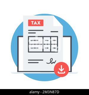 Scarica l'icona del modulo di dichiarazione dei redditi in cerchio. File di pagamento delle imposte online sullo schermo del computer. Laptop con documento fiscale e pulsante di download. Vettore Illustrazione Vettoriale