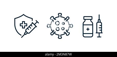 Set di icone per linee vettoriali Covid. Icone lineari piatte per coronavirus Safety. COVID-19 icone di protezione del vaccino. Icone di protezione, siringa, virus, flacone medico Illustrazione Vettoriale