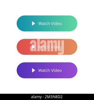 Guarda i pulsanti vettoriali video. Pulsante di riproduzione video impostato in diversi colori isolato su sfondo bianco. Pulsanti sfumatura piatta. Pulsante vettore moderno Illustrazione Vettoriale