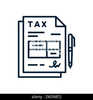Documenti del modulo di dichiarazione dei redditi con firma. Icona modulo fiscale compilato e firmato. File del modulo IVA con penna. Icona della linea piatta del vettore Illustrazione Vettoriale