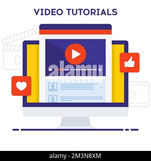 Informazioni sull'icona dei tutorial video. Design delle icone del webinar online. Studio e background di apprendimento. Illustrazione digitale della lezione. Illustrazione vettoriale Illustrazione Vettoriale