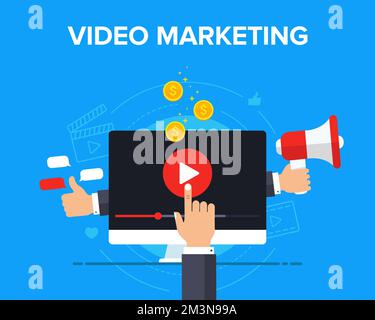 Concetto di icona di video marketing. Guadagnare dai video con la comunicazione sui social network. Icona del webinar pubblicitario. Illustrazione piatta vettoriale per il nastro ba Illustrazione Vettoriale