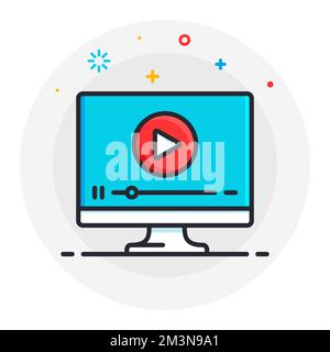 Concetto di icona video flat line. Video tutorial sul simbolo lineare del computer. Lettore video sul desktop. Concetto di icona del webinar. Illustrazione della linea piatta del flusso Illustrazione Vettoriale