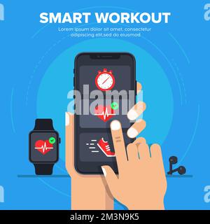 Concetto di illustrazione del vettore di allenamento intelligente. Sincronizzazione dello smartphone con uno smart watch. I progressi della formazione fitness intelligente su smartphone. Vettore Illustrazione Vettoriale