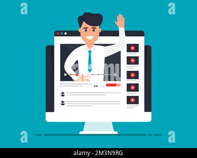 Illustrazione vettore istruente in linea di affari. Corsi di formazione online per il business video. Sorridere influenza video blogger in video. Icona del vettore del webinar Illustrazione Vettoriale