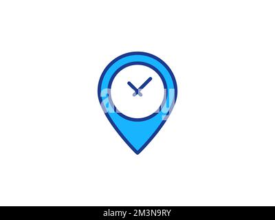 Icona luogo ora. Marcatore a punti con logo orologio. Consegna in design con segnali temporali. Illustrazione della linea piatta vettoriale isolata su bianco Illustrazione Vettoriale