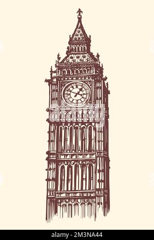 Big ben torre simbolo di Londra, Inghilterra e Gran Bretagna. Disegno vettoriale in stile di incisione vintage Illustrazione Vettoriale