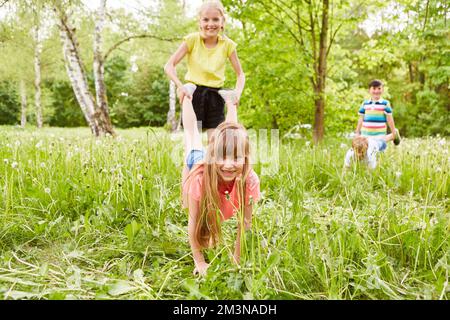 Amici maschili e femminili multirazziali che giocano una gara di carriola in giardino Foto Stock