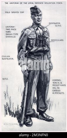 L'uniforme della forza locale di Volontariato di Difesa, istituita per difendere la Gran Bretagna contro l'invasione prevista da paracadutisti tedeschi. L'uniforme fornita dall'Ufficio della guerra era un indumento in due pezzi di denim kaki, con un cappuccio di stoffa per il servizio sul campo. Foto Stock