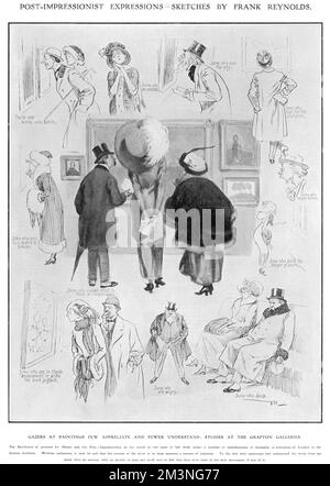 I gazers ai quadri pochi apprezzano e meno capiscono: Schizzi della 'Manet and the Post-Impressionists Exhibition' del 1910-11 presso le Grafton Galleries. Questa controversa mostra ha introdotto l'arte moderna in Gran Bretagna ed è stata organizzata e curata da Roger Fry 1910 Foto Stock