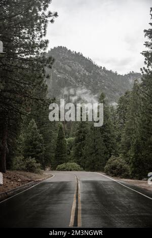 La nebbia attraversa le montagne lungo la Kings Highway nelle giornate di pioggia Foto Stock