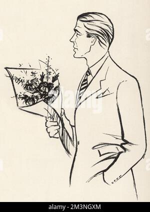 Un gentleman elegantemente vestito e bello, sembra riflessivo come lui tiene un bouquet di fiori. Data: 1954 Foto Stock