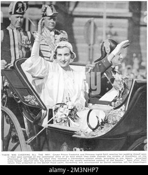 Principe ereditario e principessa Federico di Danimarca, raffigurati in carrozza dopo il matrimonio a Stoccolma nel maggio 1935. La principessa Federico era in precedenza Principessa Ingrid di Svezia, figlia del re Gustavo Adolfo e della principessa Margherita di Connaught. Data: 1935 Foto Stock