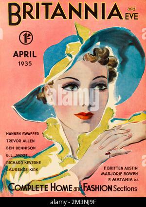 Illustrazione della copertina anteriore caratterizzata da una donna dall'aspetto pensivo che indossa una blusa gialla con un ampio cappello brimmed di blu rifinito di giallo. Data: 1935 Foto Stock