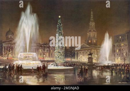 Scena festosa che mostra Trafalgar Square a Londra la vigilia di Natale, con folle radunate intorno all'enorme albero di Natale e alle fontane. La Galleria Nazionale e St. Martin nella chiesa di campo può essere visto illuminato sullo sfondo. 1950 Foto Stock