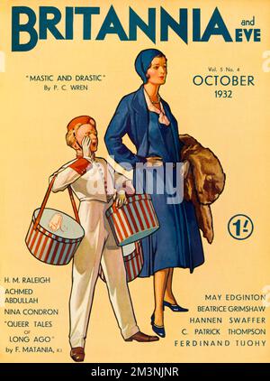 Copertina di Britannia e persino della rivista con una donna elegante in tuta e cappello blu coordinati, che tiene un cappotto di pelliccia, mentre un ragazzo di campana, carico di pacchetti e scatole di cappello, chiama per un taxi. Data: 1932 Foto Stock