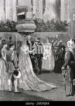 La cerimonia di matrimonio della principessa Irene d'Assia (1866-1953) con il principe Heinrich (Enrico) di Prussia (1862-1929) il 24th maggio 1888 a Charlottenburg Palace, Berlino. Data: 1888 Foto Stock