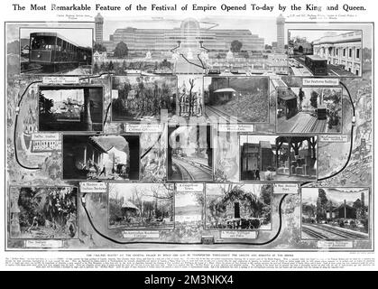 Uno schema della "Via Rossa" al Festival dell'Impero, aperto il 12th maggio 1911 da re Giorgio V e dalla regina Maria. Il percorso era essenzialmente una linea ferroviaria elettrica stabilita ad un costo di $90.000 (in 1911), per collegare insieme i padiglioni del Canada, dell'Australia, della Nuova Zelanda, del Sudafrica e dell'India al festival dell'impero al palazzo di cristallo. Data: 1911 Foto Stock