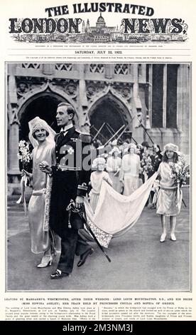 Copertina del notiziario illustrato di Londra raffigurante Lord Louis Mountbatten che accompagna la sua nuova sposa, Lady Edwina Ashley, dopo il matrimonio a St. Margarets, Westminster, il 18 luglio 1922. La sposa indossa un abito d'argento di Reville e Rossiter e porta un bouquet di gigli Madonna e il suo treno è frequentato da spose, principesse Cecilia e Sofia di Grecia (sorelle del Principe Filippo, Duca di Edimburgo). Ufficiali della 'renown', la nave in cui lo sposo aveva viaggiato con il Principe di Galles durante i suoi tour, agì come uscieri alla chiesa e formò un arco di spade sotto il quale il Foto Stock