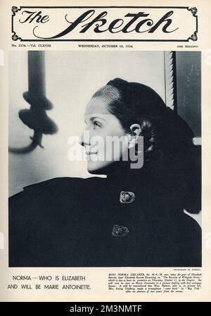 Norma Shearer (1902-1983), attrice americana di nascita canadese e star del cinema muto, raffigurata sulla copertina anteriore dello Sketch al momento in cui ha recitato come Elizabeth Barrett nel film MGM, 'The Barretts of Wimpole Street'. Data: 1934 Foto Stock