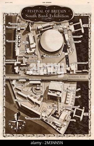 Piano aereo del sito del Festival di Gran Bretagna, South Bank, Londra, che mostra tutti gli edifici principali e altri luoghi di interesse. Data: Maggio 1951 Foto Stock