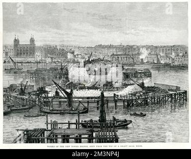 Progressi sul Tower Bridge, Londra 1890 Foto Stock