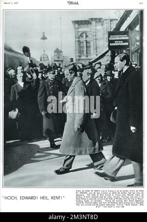 Il Principe Giorgio, Duca di Kent in visita a suo fratello, il Duca di Windsor (ex Re Edoardo VIII), a Vienna, in Austria nel febbraio 1937. Era la prima volta che i fratelli si incontravano dopo l'abdicazione nel dicembre dell'anno precedente. Secondo lo schizzo in cui questa fotografia appare, i due reali britannici sono stati accolti entusiasticamente dai viennesi con grida di 'Hoch, Edward! Heil, Kent!". Data: 1937 Foto Stock